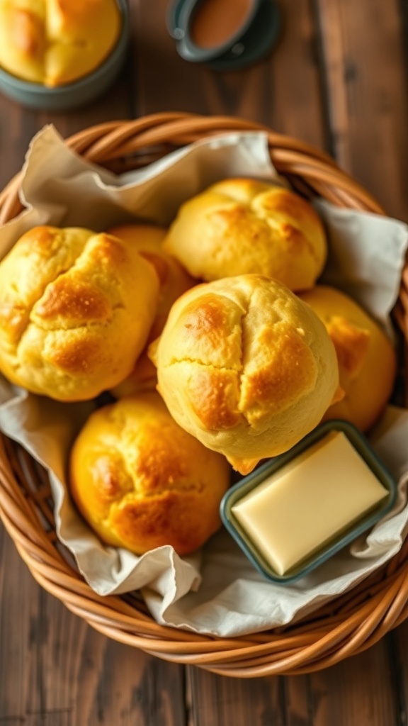 A basket of freshly baked cornbread rolls with butter on a rustic table.